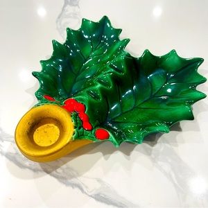 Holland mold Christmas Holly dish candle holder VTG ceramic 1985 artist signed